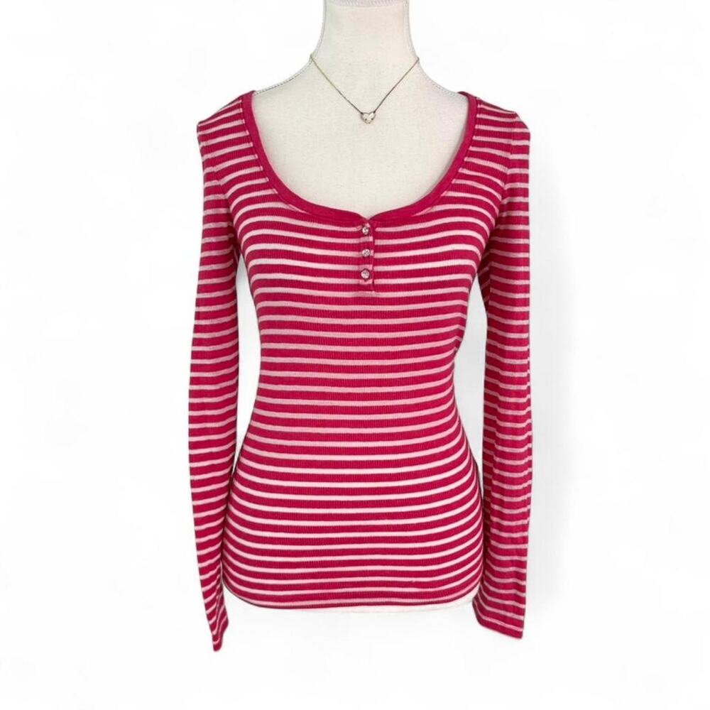 Juicy Couture pink & white Henley striped long sleeve top Size S with Mcbling